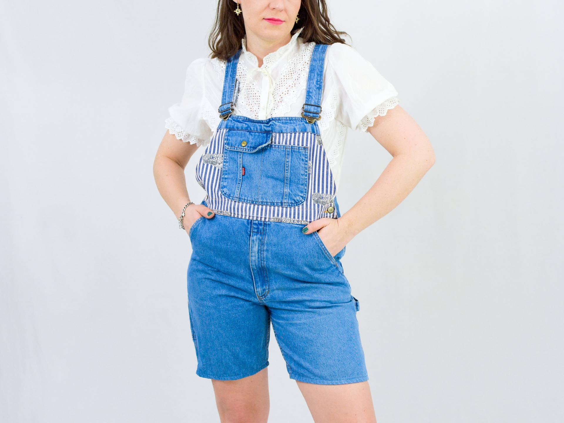 Denim Overalls Sass Shortalls Gestreifte Einsätze Vintage 90Er Jahre Blaue Jeans Shorts Sommer Dungarees Strampler Jumpsuit Frauen M Medium von VintageShopGertrude