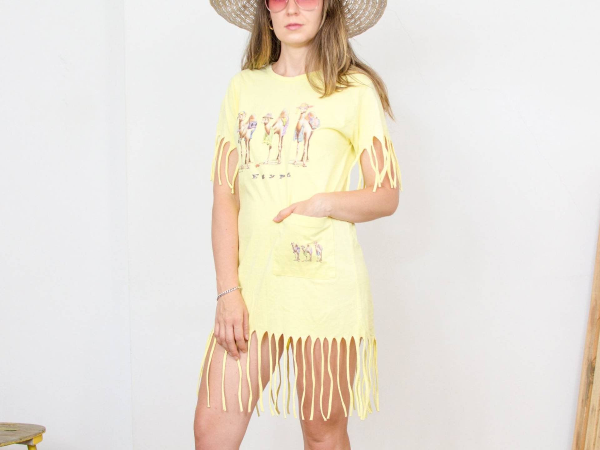 Egypt Shirtdress Vintage Gelb Top Kamele Gedruckt Shirt Sonne Kurzärmeligen Fransen Festival Baumwolle S Small von VintageShopGertrude
