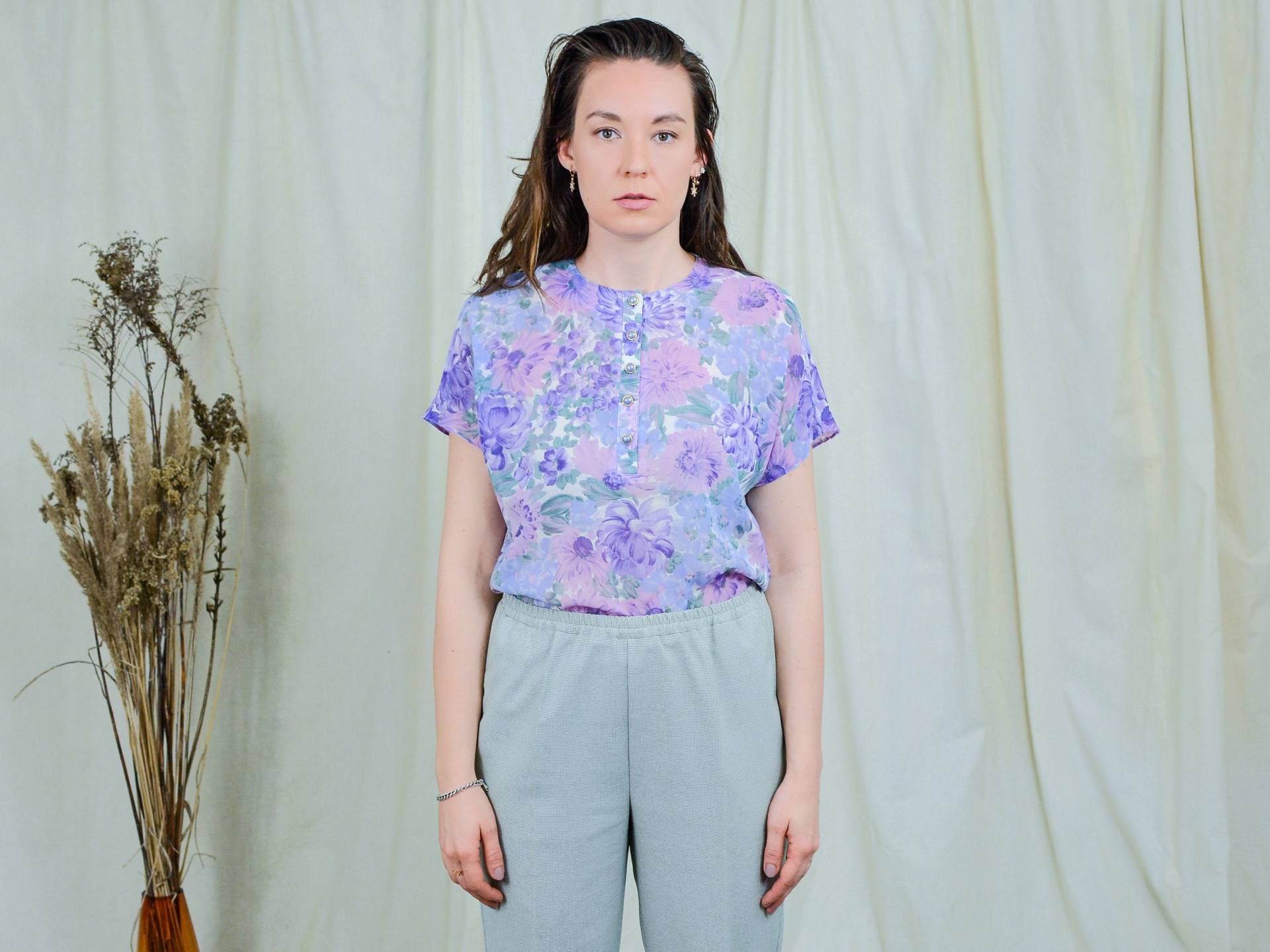 Floral Top Lila Bluse Vintage 80Er Jahre Heide Shirt Reglan Ärmel Xl von VintageShopGertrude