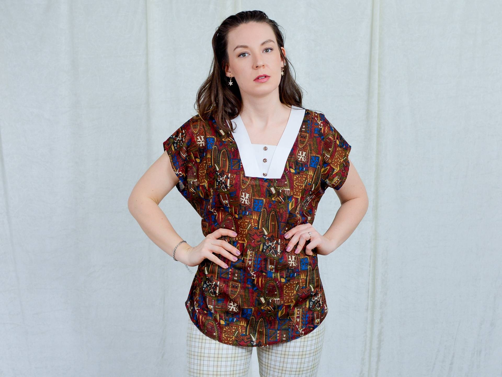 Gedruckte Bluse Aztec 80Er Jahre Kurzarm Oben Vintage Reglan Shirt Retro Gemustert L Large von VintageShopGertrude