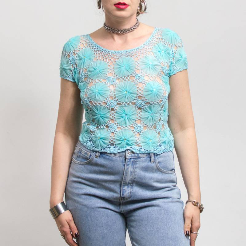 Gehäkeltes Crop Top in Blau | Vintage Durchsichtige Netzbluse Kurze Ärmel Damengröße S/M von VintageShopGertrude