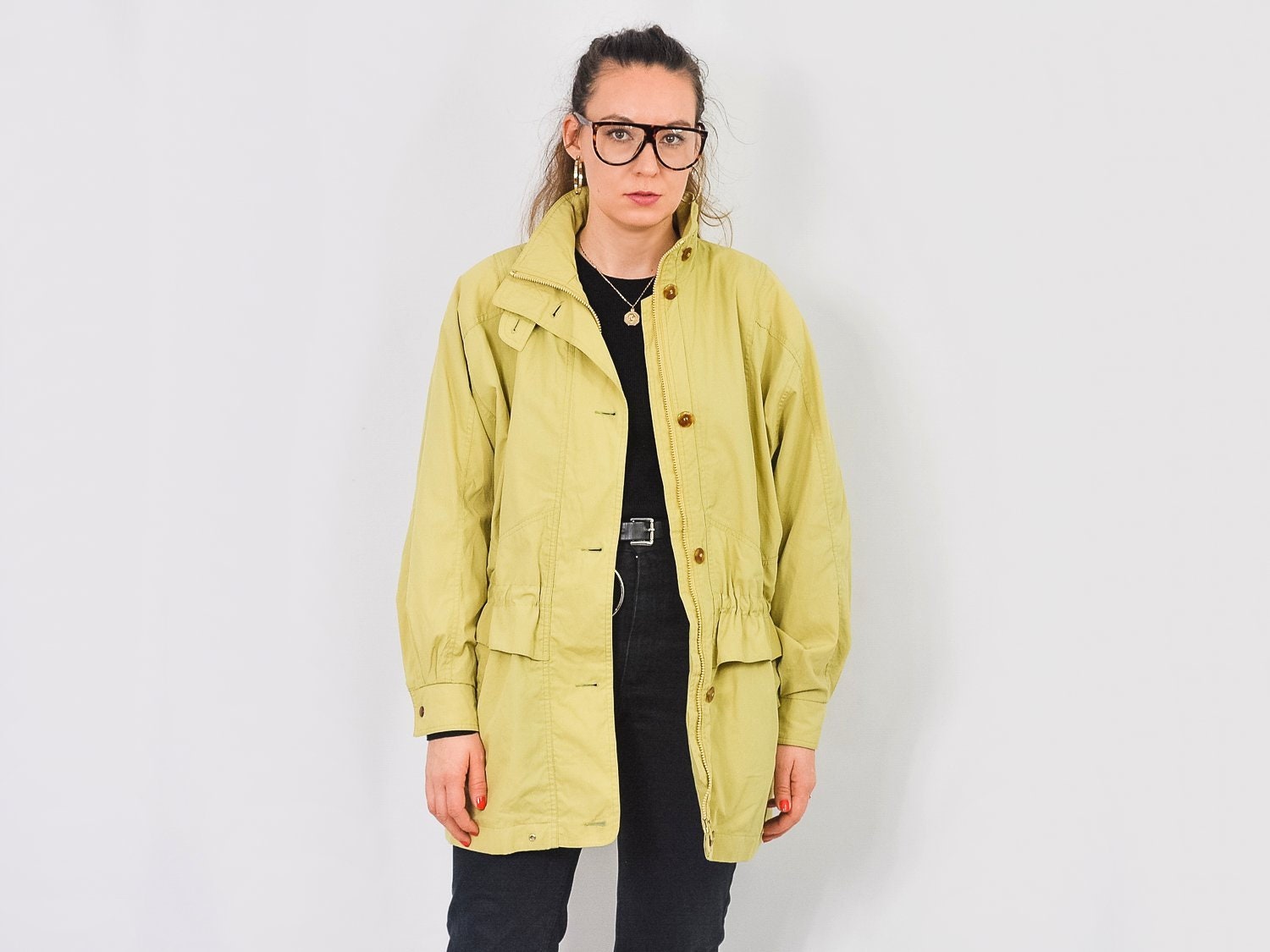 Gelbe Jacke Vintage 80 Es Frühlingsparka Gebunden Taillenmantel Schulterpolster Frauen L/xl von VintageShopGertrude