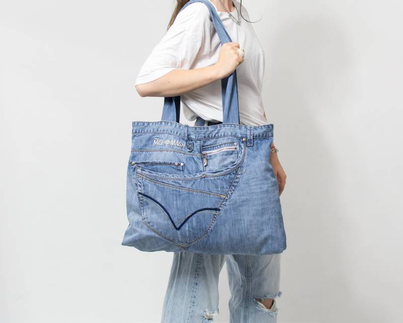 Handgemachte Jeans Tasche Blau Upcycled Schulter Shopper von VintageShopGertrude