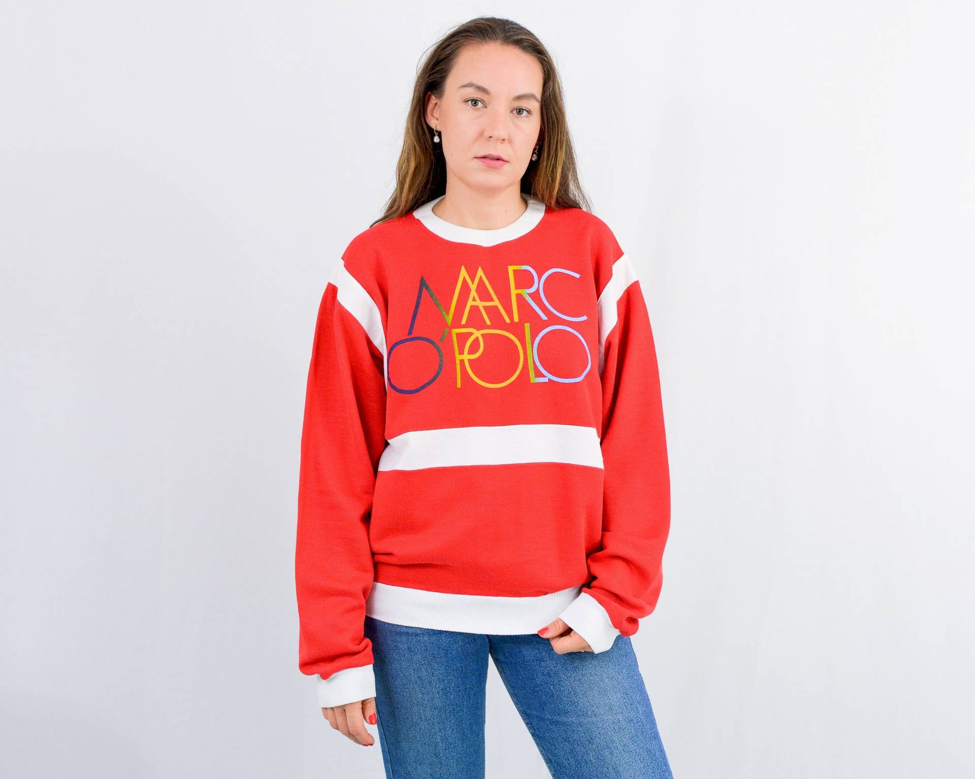 Marc Opolo Rot Sweatshirt Vintage Regenbogen Logo Pullover 90Er Langarm Xl von VintageShopGertrude