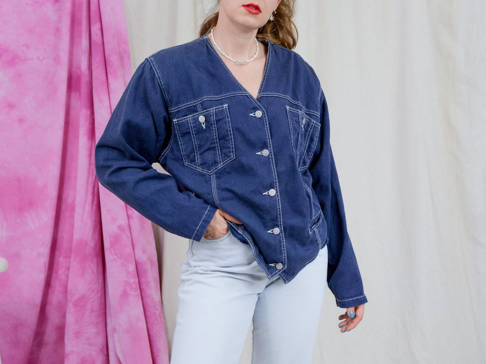 Marineblau Jeansjacke Abgeschnitten V Hals 90Er Jahre Vintage Langärmelige Gepolsterte Schultern Xxl/Xxxl von VintageShopGertrude