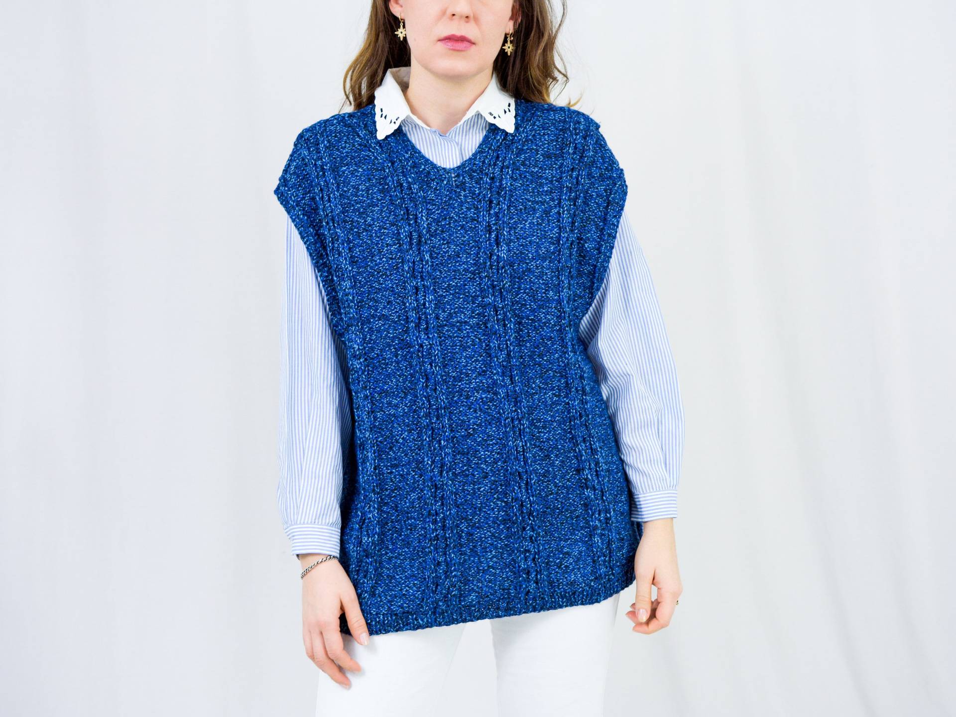 Melange Pullover Weste Vintage Blau Übergroße Ärmellose Handgemachte Retro Frauen L-xl von VintageShopGertrude