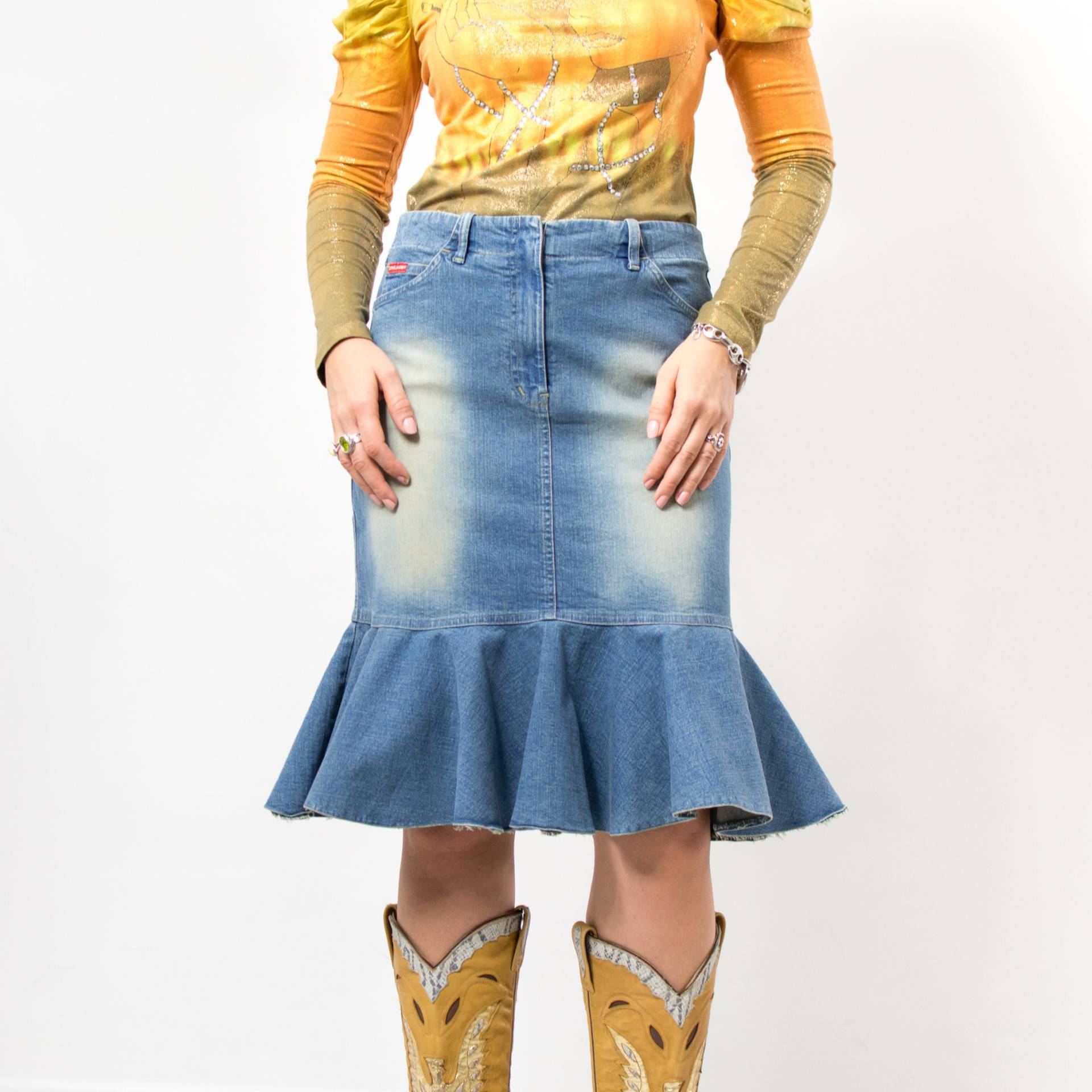 Mermaid Midi Rock Y2K Denim Rüschen Low Waist Damen Größe M/L von VintageShopGertrude