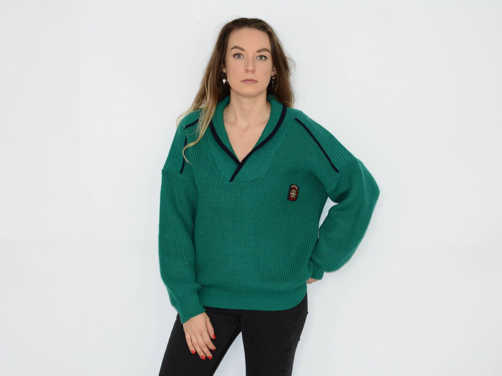 Mistral Pullover Preppy Retro Grün Herren Weinlese Gepatcht Slouchy 80Er Jahre Hipster Oversized von VintageShopGertrude