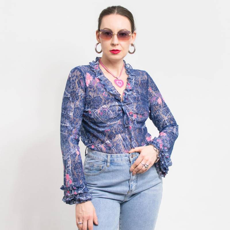 Netzbluse Vintage Hippie Top Transparent Geblümt Frauen Gr L/xl von VintageShopGertrude