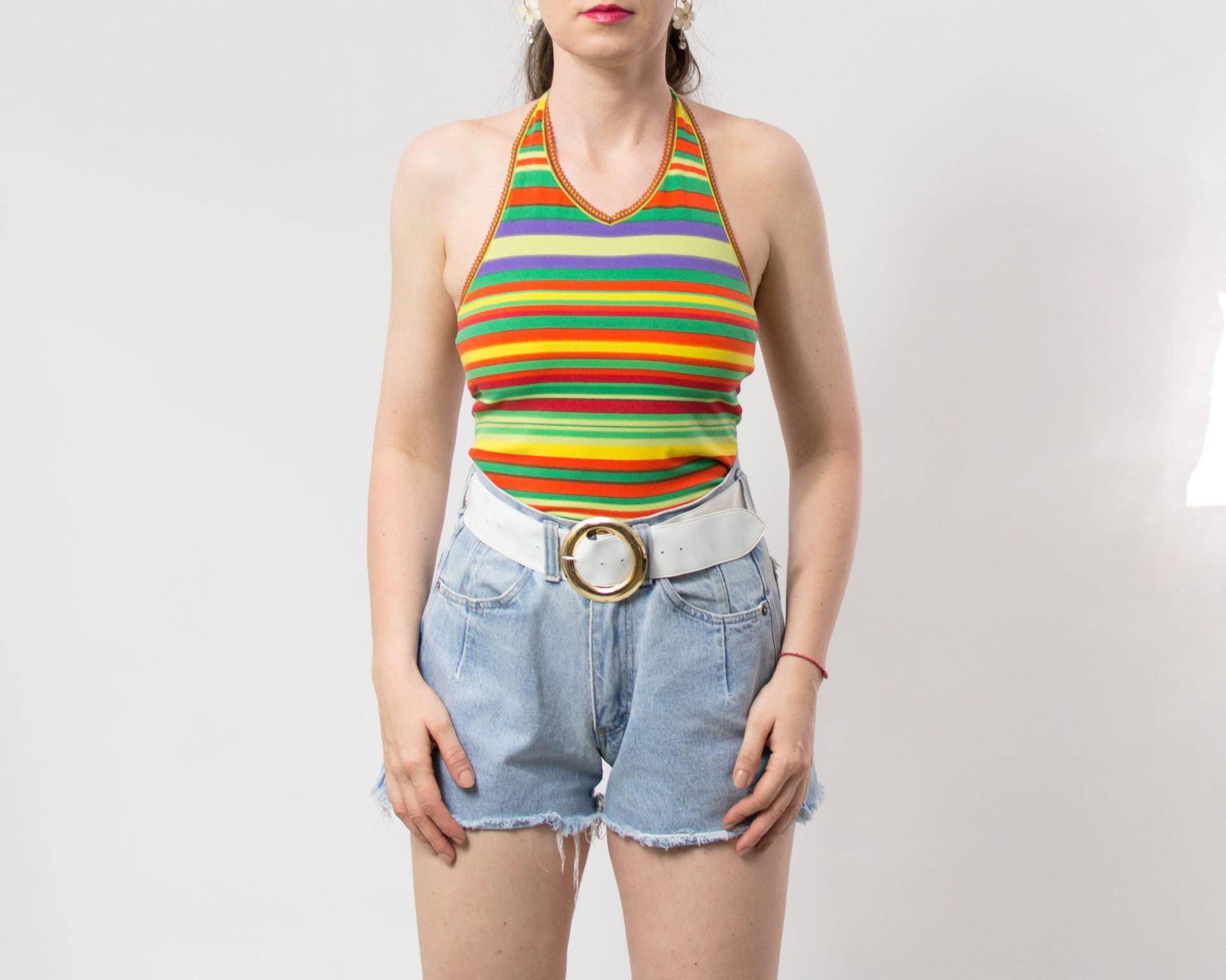 Regenbogen Y2K Top Gestreift Rückenfrei Sommer Ärmellos Frauen M/L von VintageShopGertrude