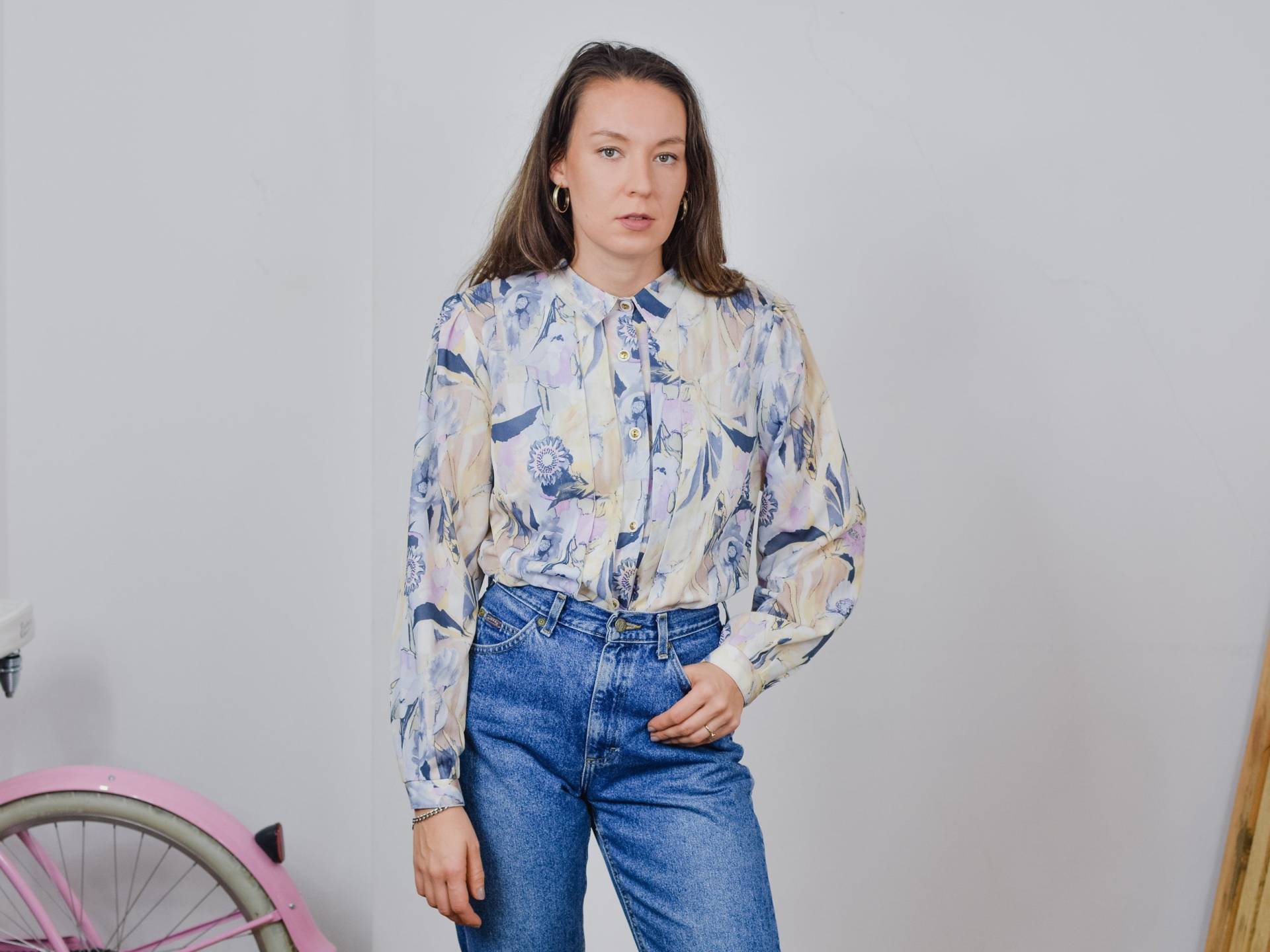 Retro-Shirt Frauen Vintage 80Er Jahre Gedruckt Bluse Boho Gepolsterte Schultern Oben Floral Graupflanzen Blumen Druck Langarm Xl/Xxl von VintageShopGertrude