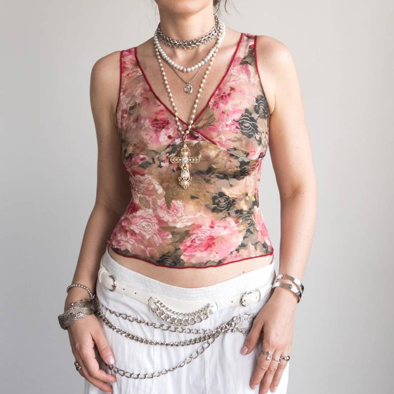 Schiere Mesh-Crop-Top | Bunt Geblümte Ärmellose Sommerbluse Damengröße Xs/S von VintageShopGertrude