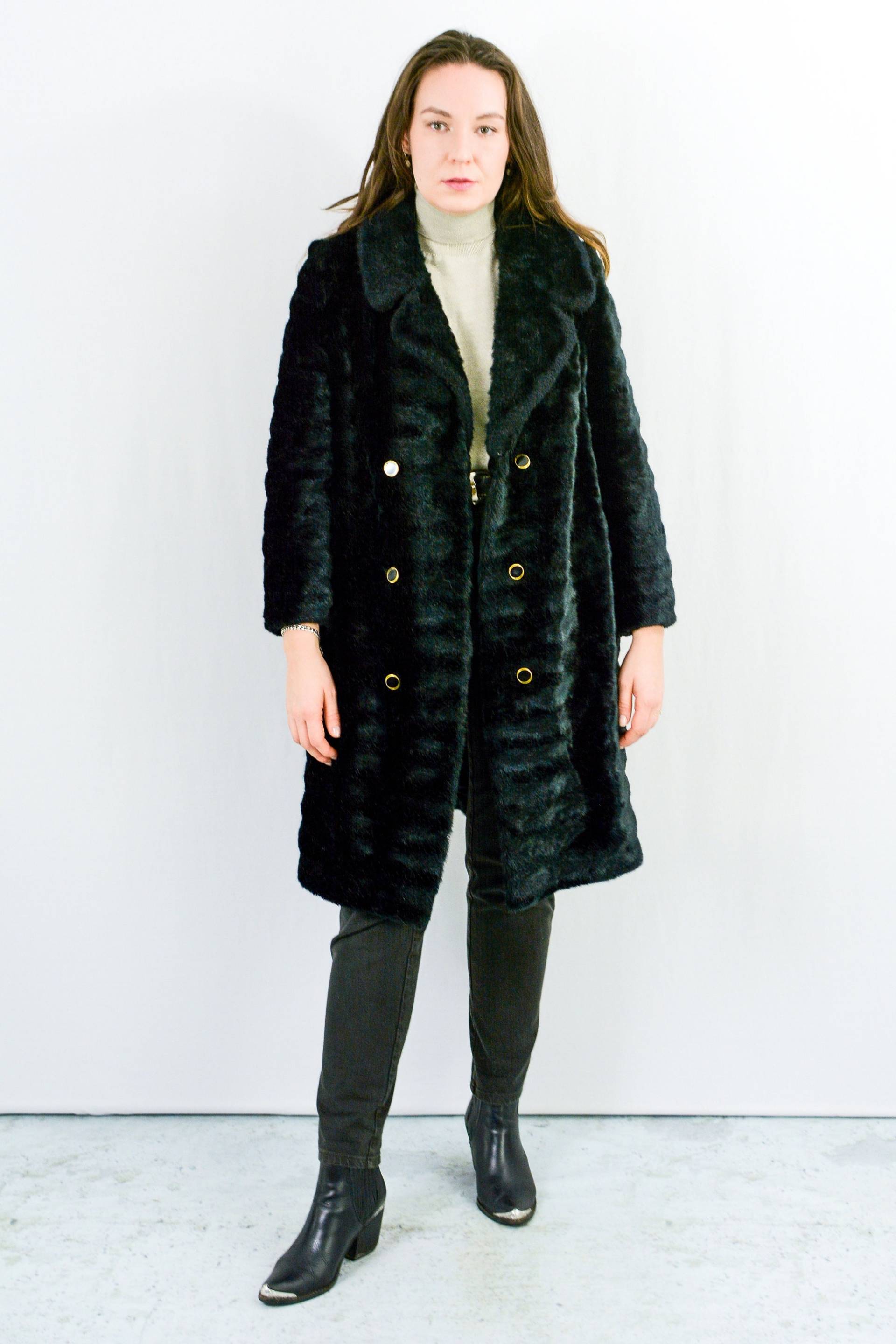Schwarzer Kunstfell Vintage 90Er Jacke Mantel Winter Damen S/M von VintageShopGertrude