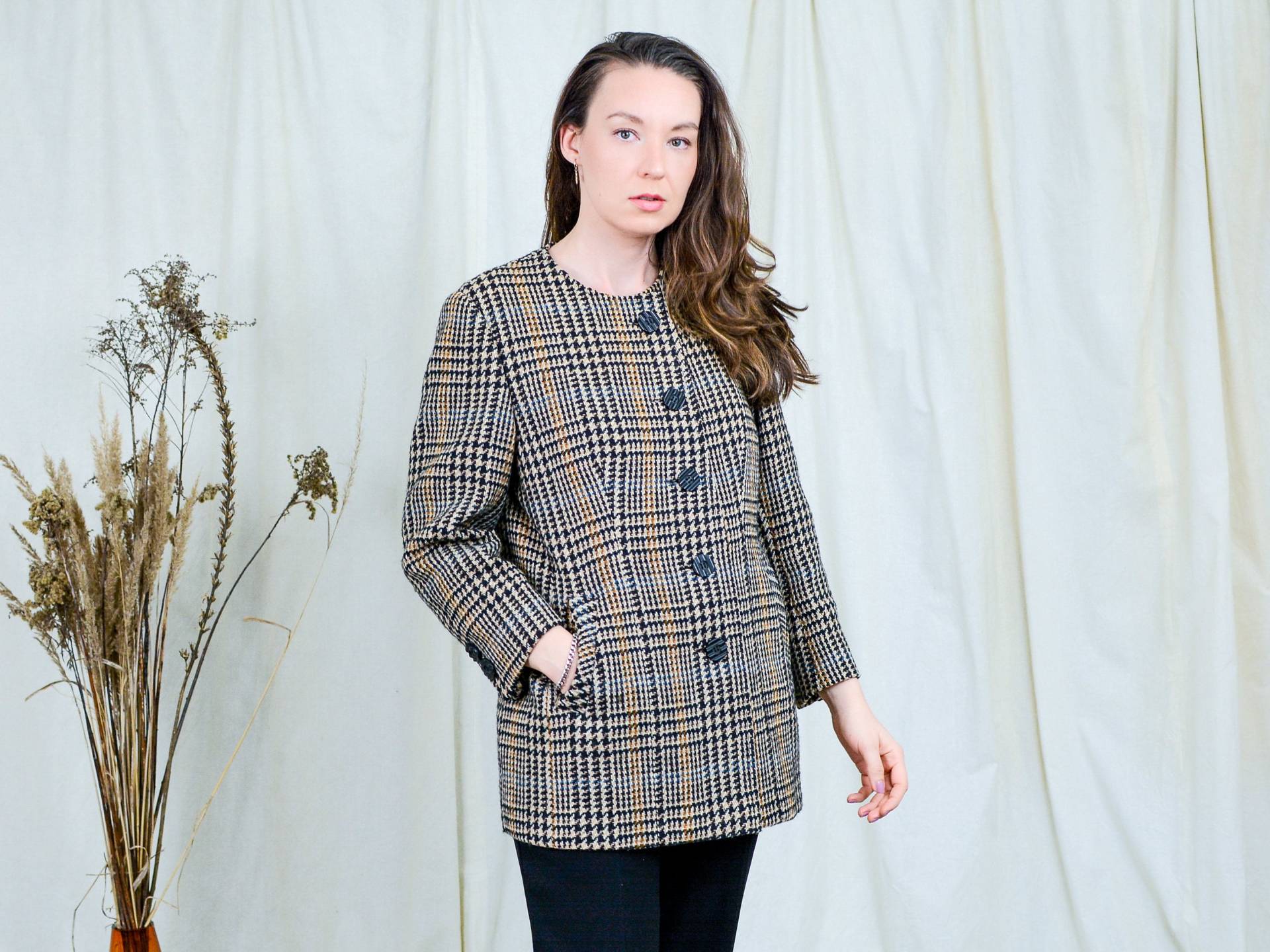 Tweed Jacke Retro Karierte Wolle Kariert Vintage Beige Schwarz Houndstooth Frauen L/xl von VintageShopGertrude