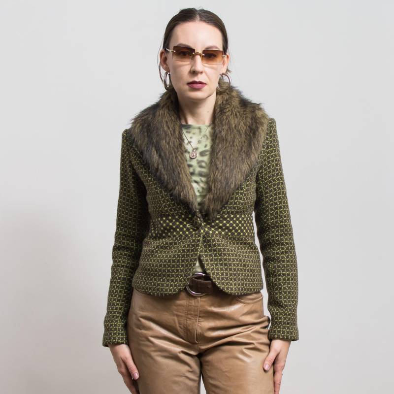 Tweed Wollmischung Jacke Herbst Y2K Kunstpelzkragen S von VintageShopGertrude