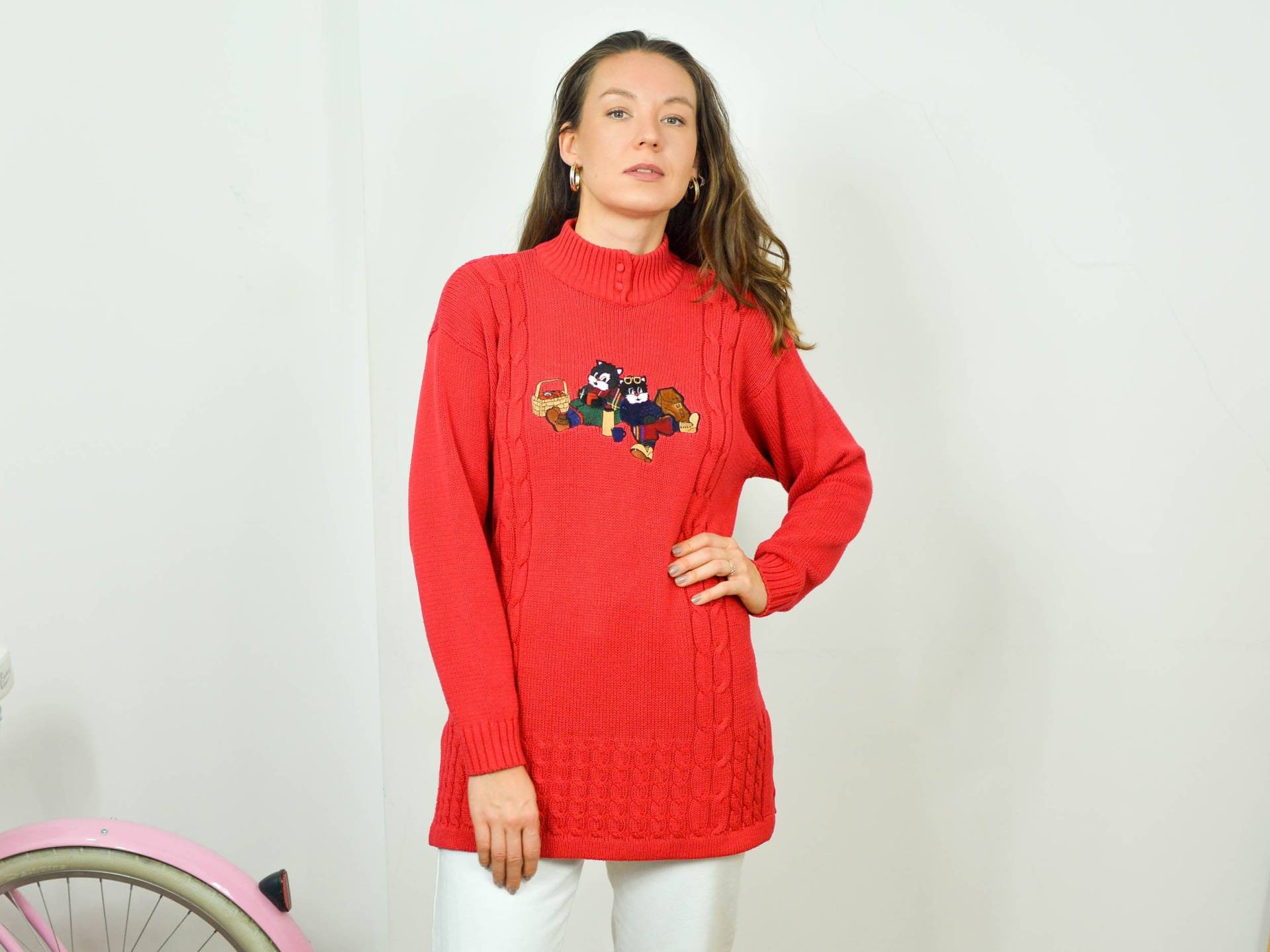 Via Milano Rot Pullover Gepatcht Vintage 90Er Mockneck Knopf Bis Katzen Retro L Large von VintageShopGertrude