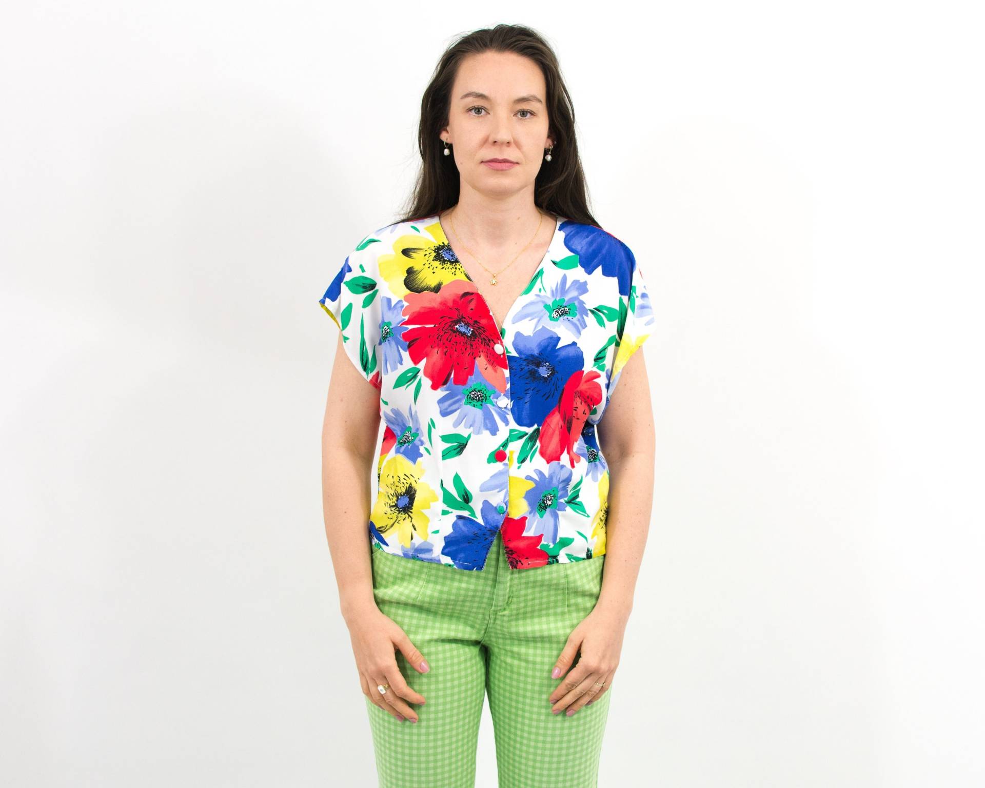 Vintage 80Er Bluse Floral Regenbogen Shirt Bedruckt Kurzarm Damen Xl von VintageShopGertrude