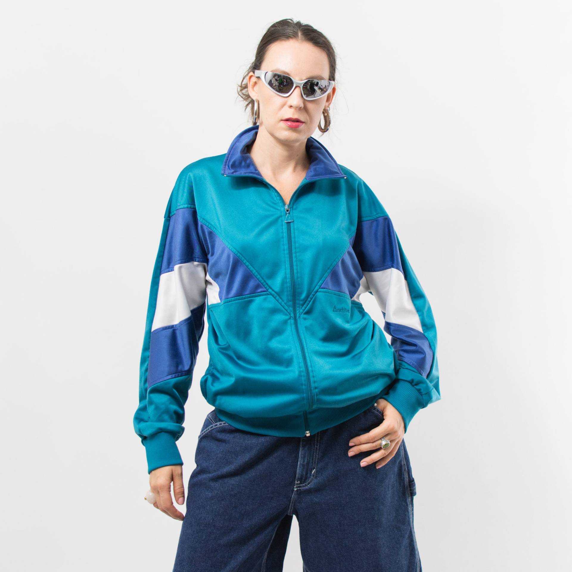 Vintage 90Er Active Track Jacke Reißverschluss Sweatshirt Grün Frauen Größe Xl von VintageShopGertrude