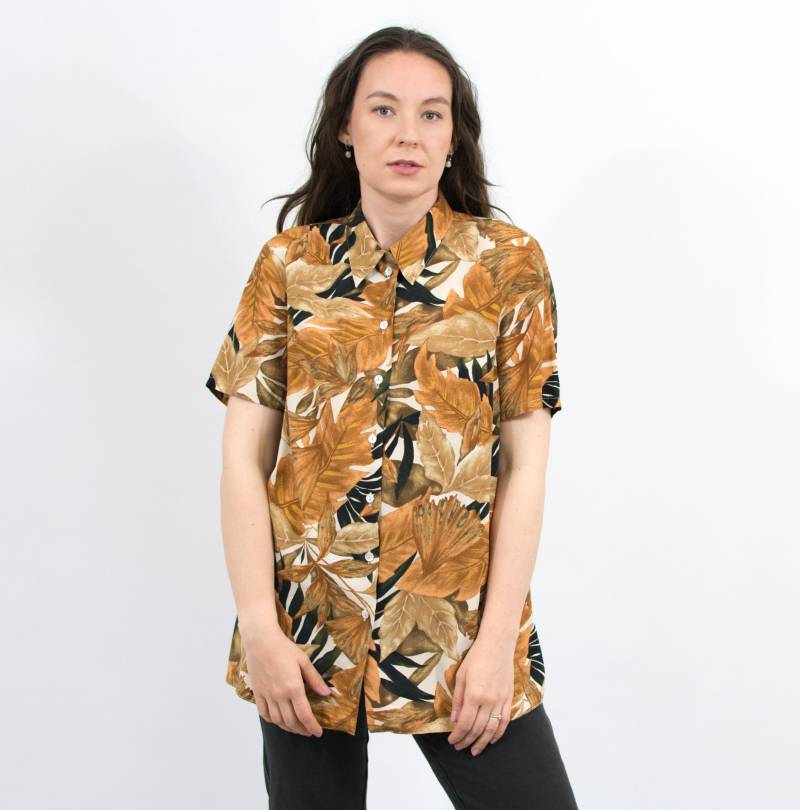 Vintage 90Er Kurzarm Hemd Blätter Muster Bluse Viskose Damen Größe Xxl/Xxxl von VintageShopGertrude
