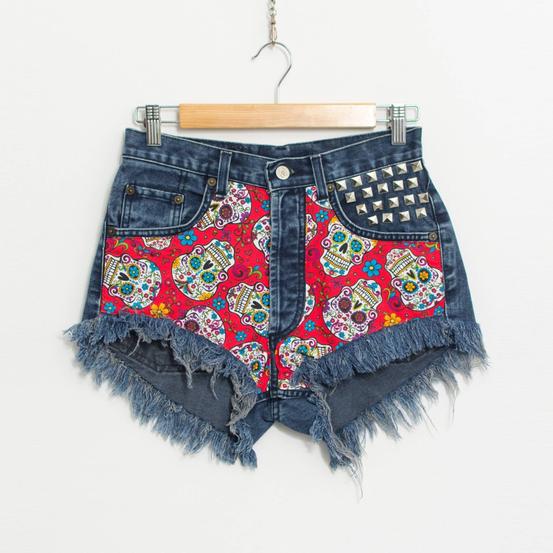 Vintage Abgeschnitten Jeans Shorts Festival Gedruckt Rocker Cutoffs Frauen Größe S von VintageShopGertrude