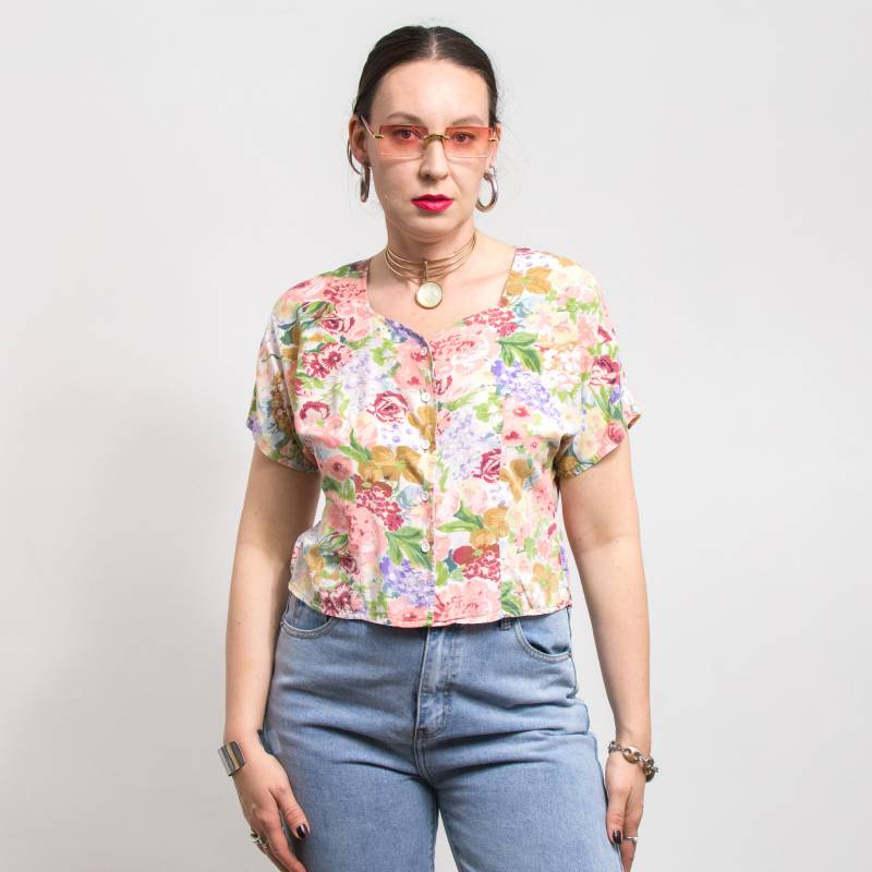 Vintage Blumenbluse | Kurzarm Sommer Button Down Viskose Baumwoll Top Damengröße M/L von VintageShopGertrude