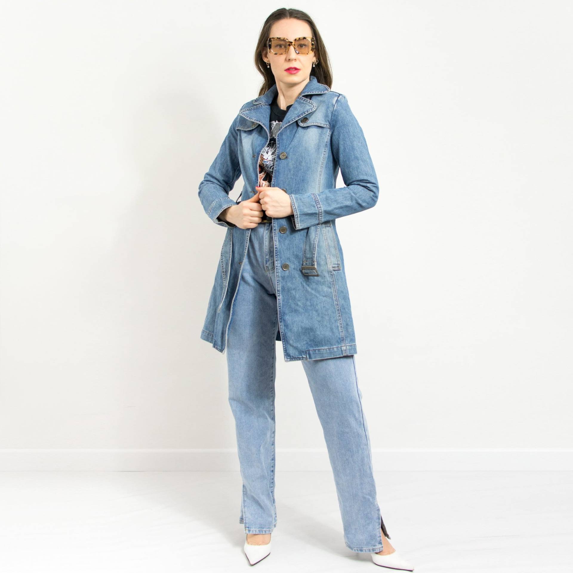 Vintage Denim Trench Gürtel Mantel Jeans Damen Größe S/M von VintageShopGertrude