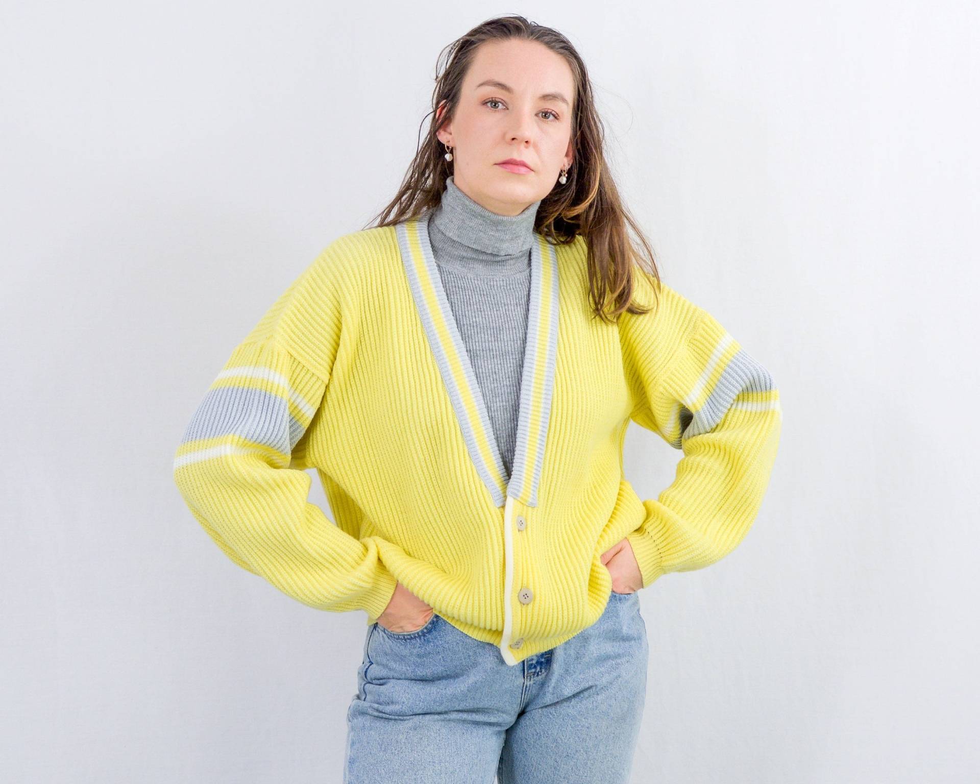 Vintage Gelbe Strickjacke 90Er Preppy Pullover College Oversized L/xl von VintageShopGertrude