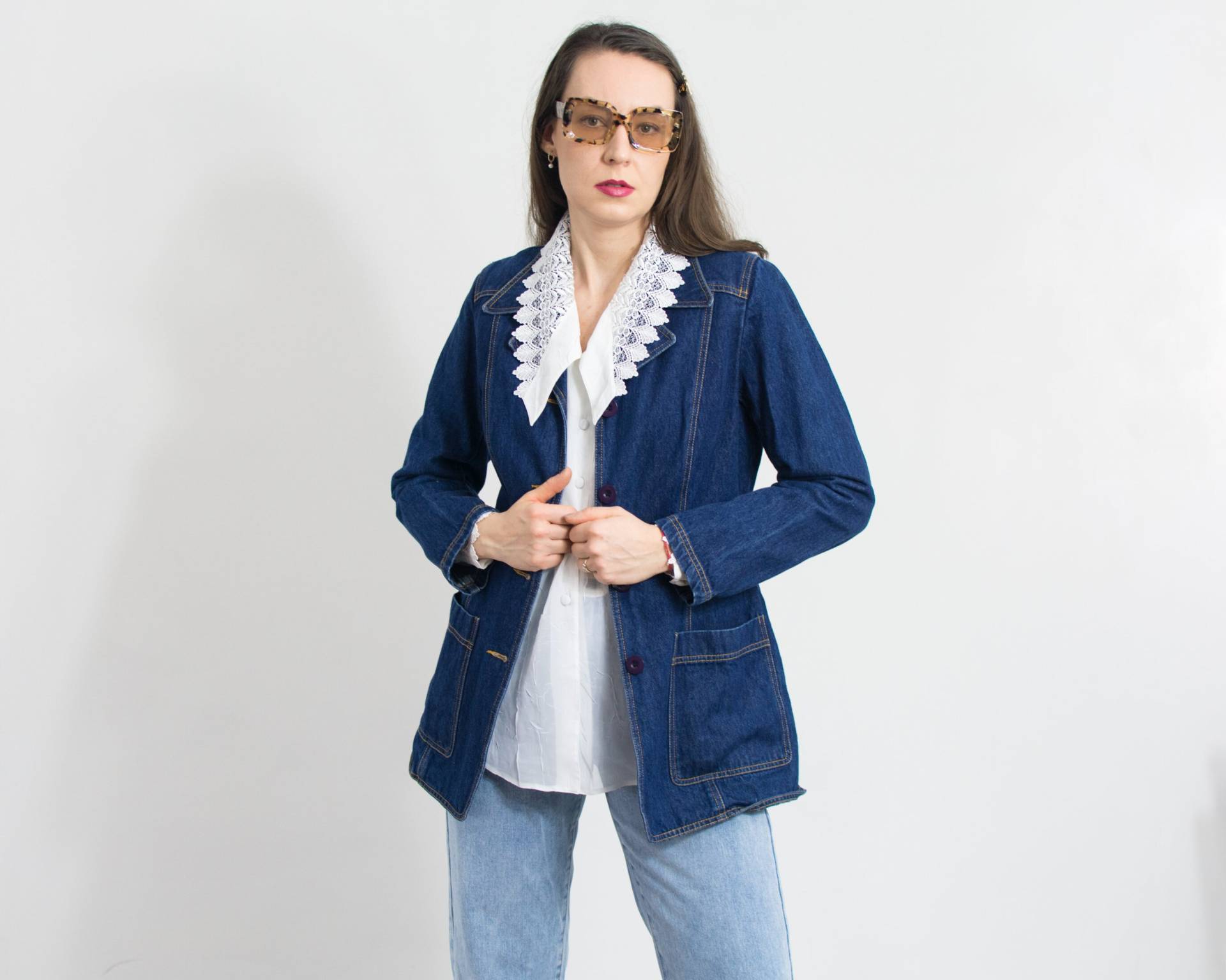 Vintage Jeansjacke Taillierter Jeansmantel Marineblau Damen Größe M von VintageShopGertrude