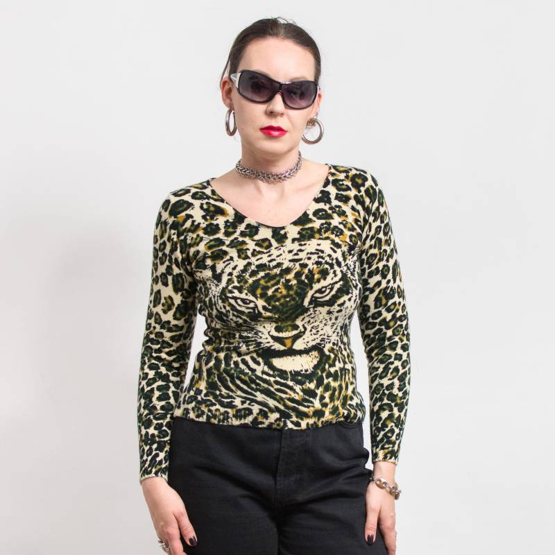 Vintage Leopard Muster Merino Wolle Mischung Pullover Top Damen M von VintageShopGertrude