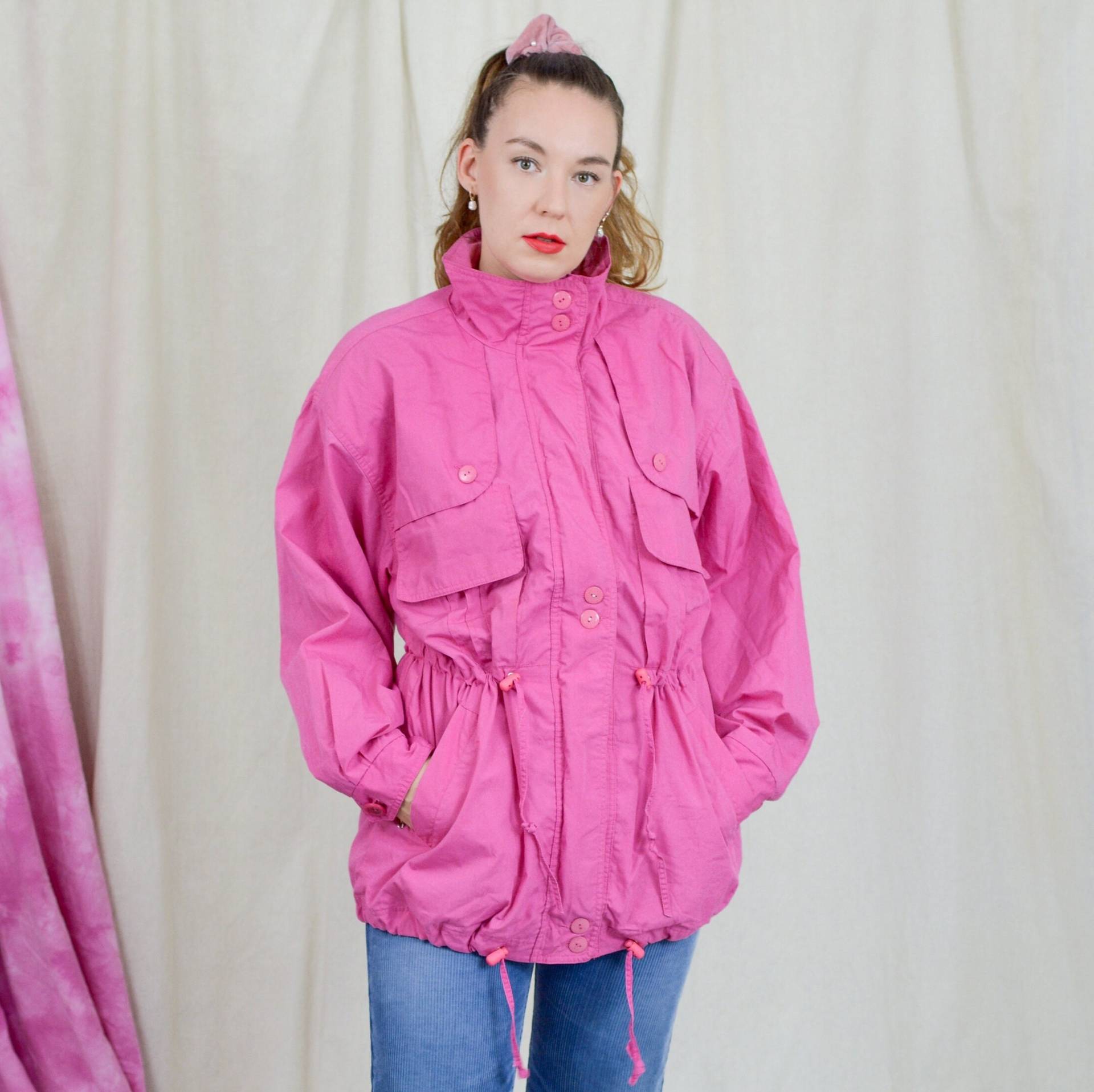 Vintage Rosa Jacke 90Er Jahre Parka Bindegürtel Abgesteppte Schultern Damen L/xl von VintageShopGertrude