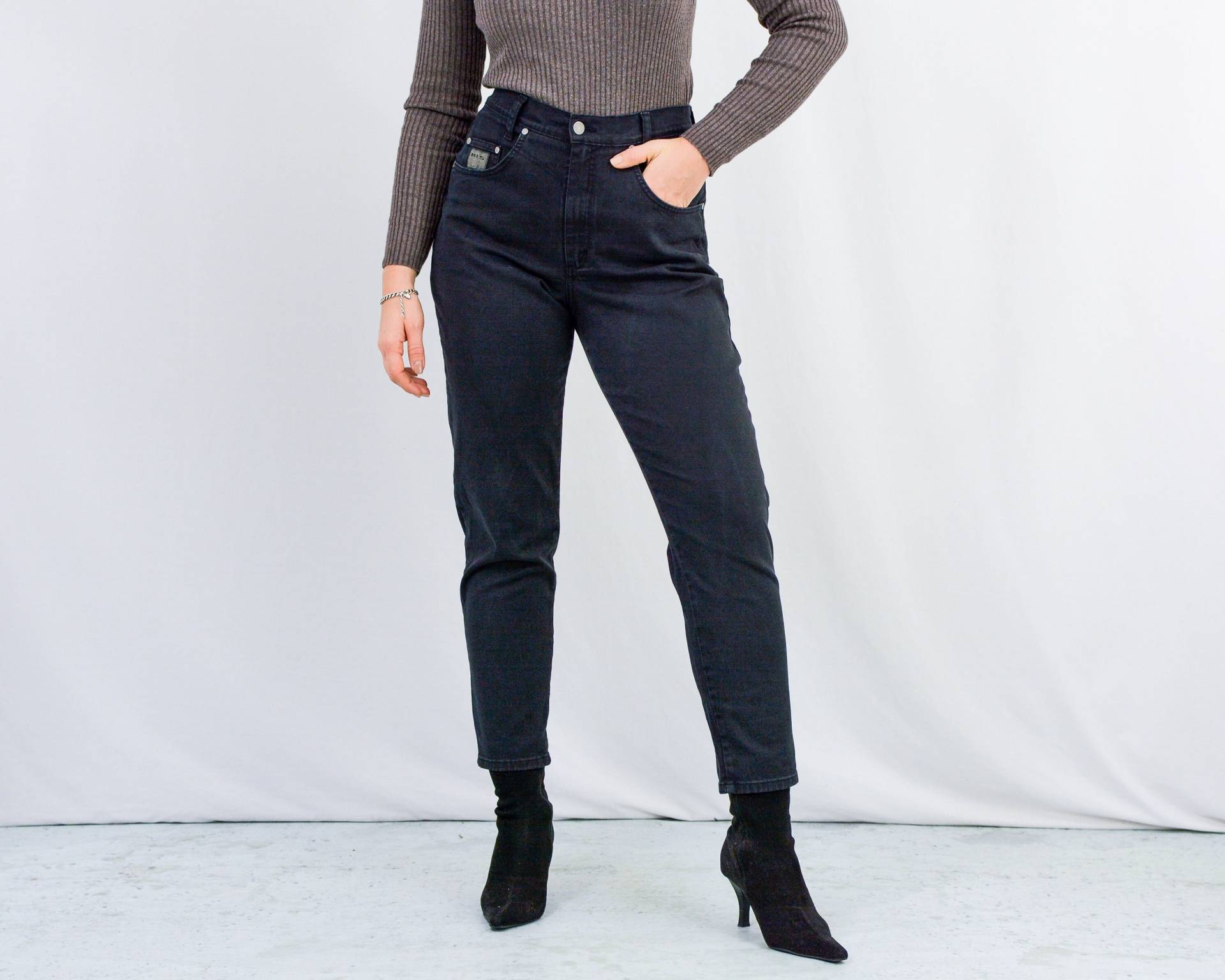 Vintage Schwarze Mama Jeans His Dehnbare Tapered Bein Hohe Taille Hose 90Er Jahre Groß von VintageShopGertrude