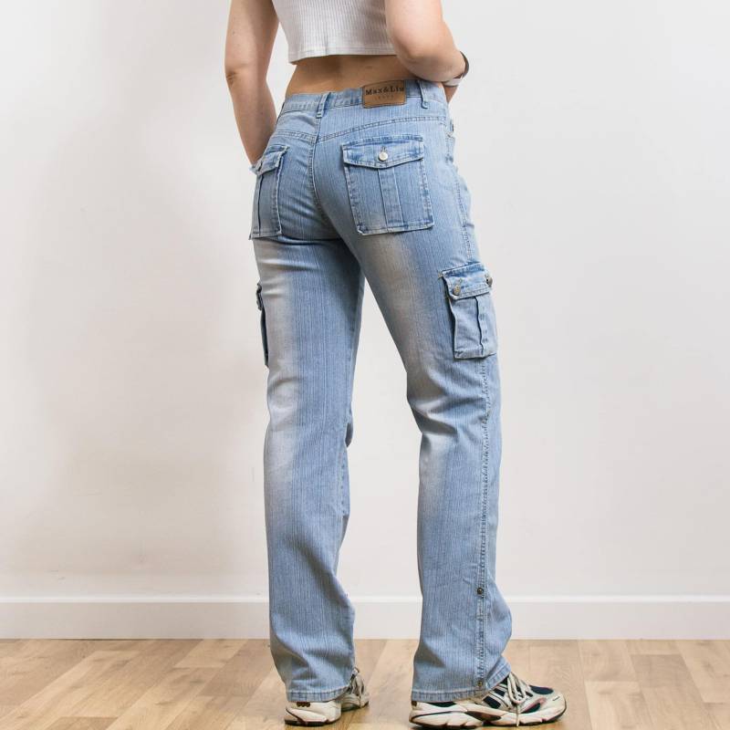 Vintage Y2K Cargo Jeans Low Waist Blau Multi Pocket Denim Damen L von VintageShopGertrude