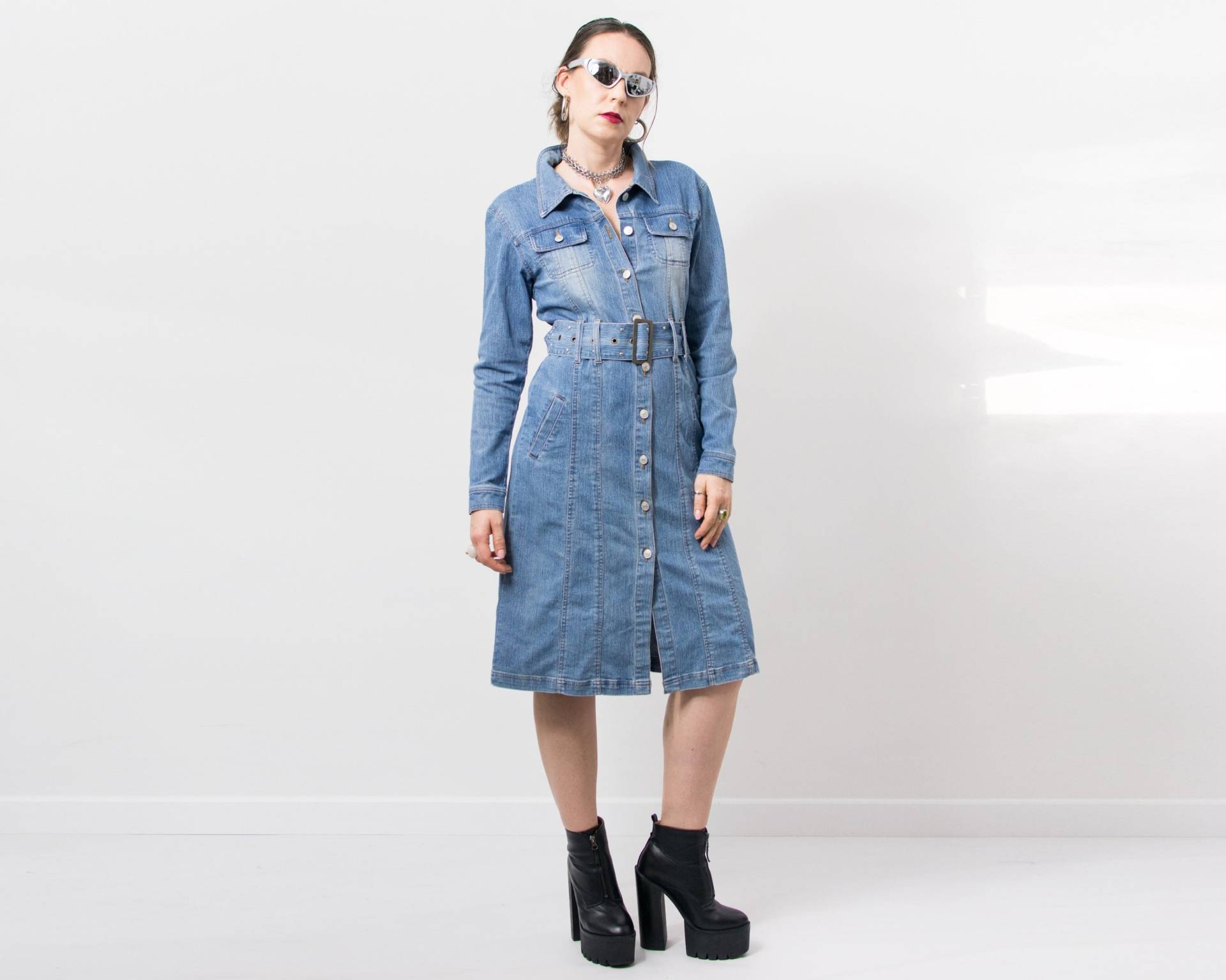 Vintage Y2K Denim Trench Gürtel Mantel Jeans Frauen Größe M von VintageShopGertrude