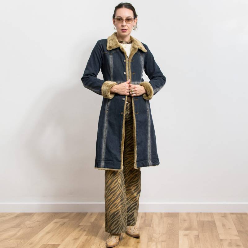 Vintage Y2K Jeans Mantel Mit Kunstpelz Warme Trenchjacke von VintageShopGertrude