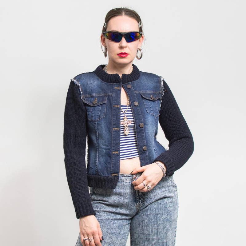 Vintage Y2K Jeansjacke Frühling Strickärmel Frauen Größe S von VintageShopGertrude