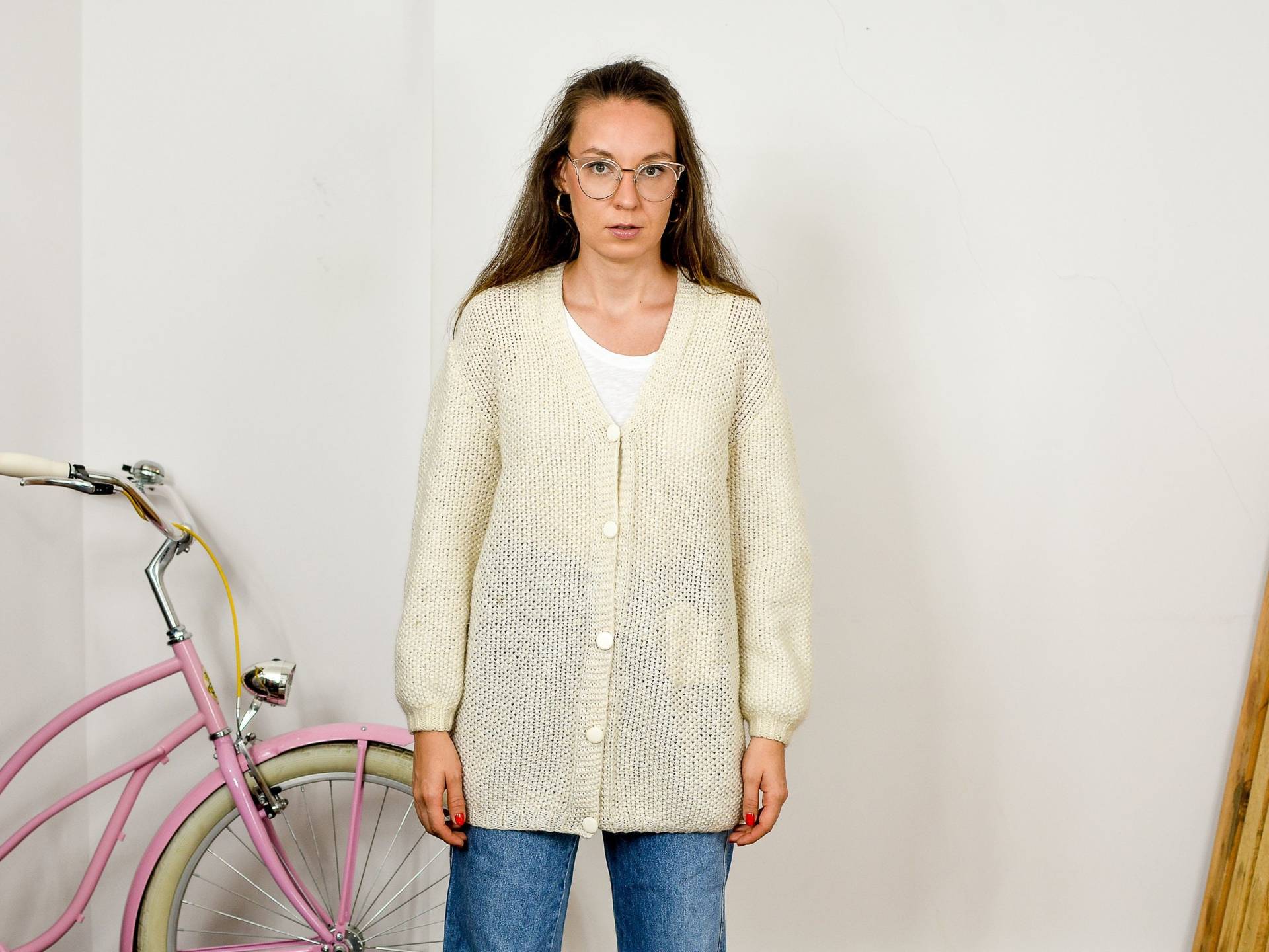 Weiße Strickjacke Beige Pullover Creme Vintage L von VintageShopGertrude