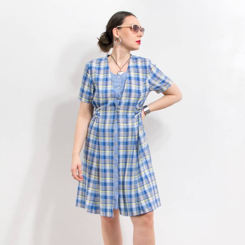 Western Mini Kleid Kariert Kurzarm Vintage 90Er Jahre Bindeband Damen Größe L von VintageShopGertrude