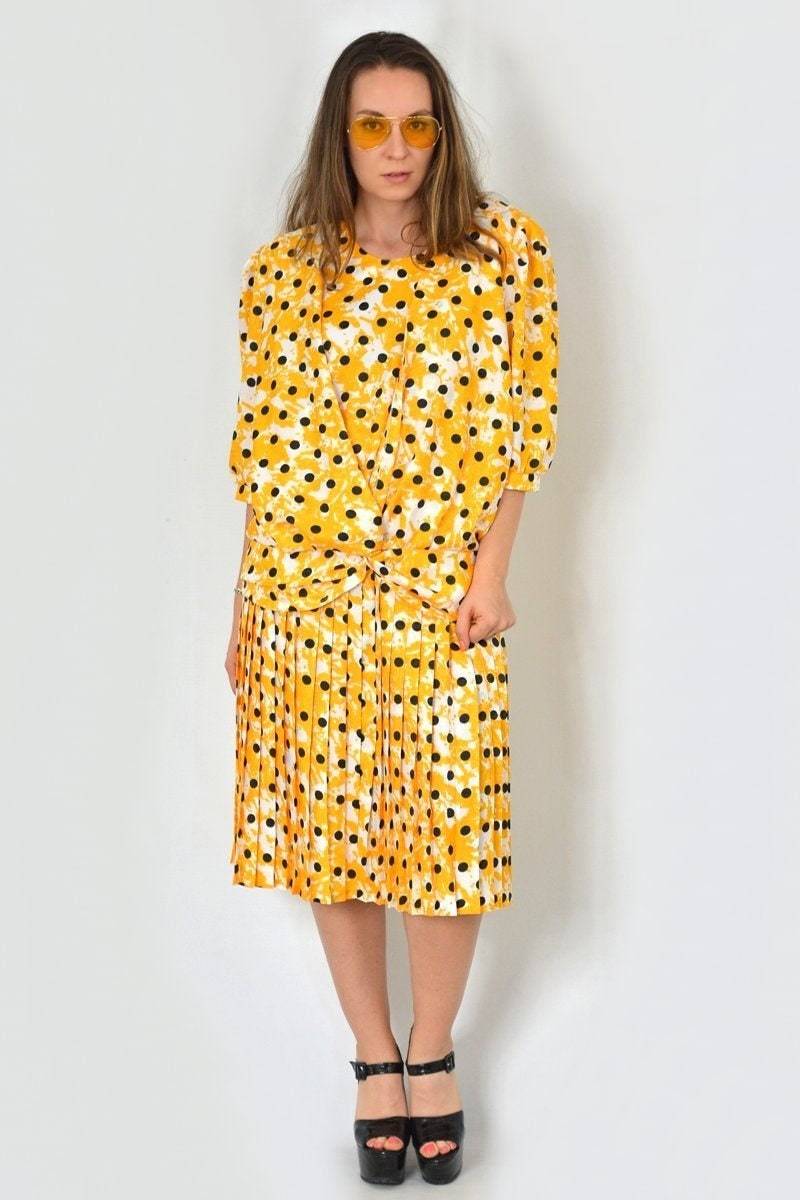 Zwei Stück Rock Und Bluse Set Vintage Gelb Jupmsuit 80Er Jahre Polka Dots Cocktail Sommer Plissierte Sekretärin Xl von VintageShopGertrude