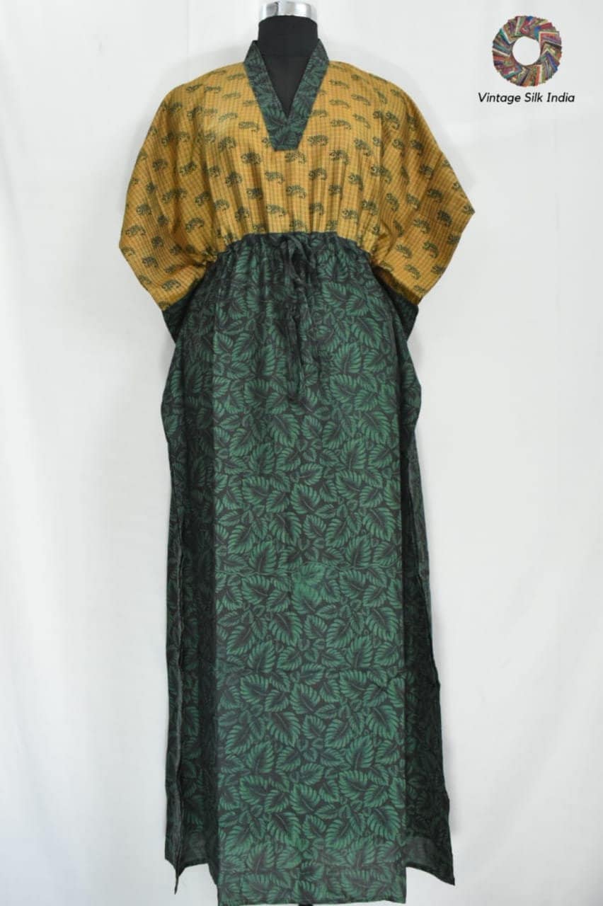 Elegantes Vintage Seide Kaftan Kleid - Hand Bedruckt Gelb/Grün Plus Size Langes Maxikleid 100% Reine Von India von VintageSilkIndia