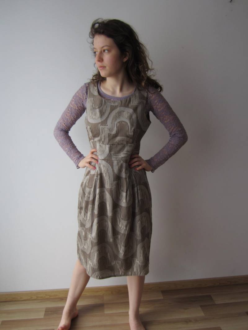 Büro Damen Kleid Braun Grau Gestreiften Sarafan Gemustert Formale Medium Größe Ärmelloses in Midi von VintageSisBro