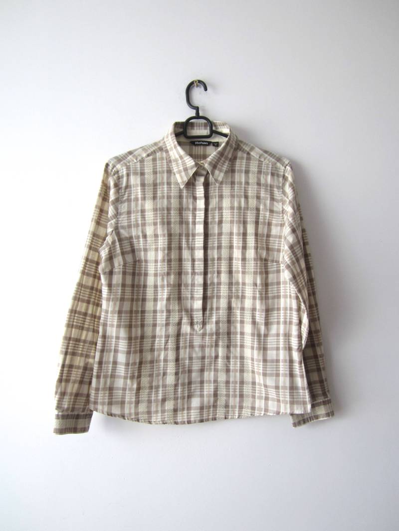 Damen Karierten Shirt Button Up Langarm Bluse Große Größe Kariert Beige Bequem Jeden Tag Oma von VintageSisBro