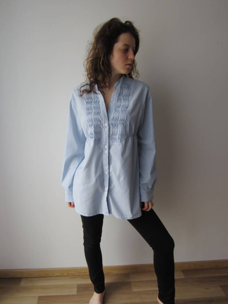 Damen Karierten Shirt Button Up Lange Ärmel Bluse Groß Bis Extra Große Größe Kariert Blau Weiß Mutterschaft von VintageSisBro