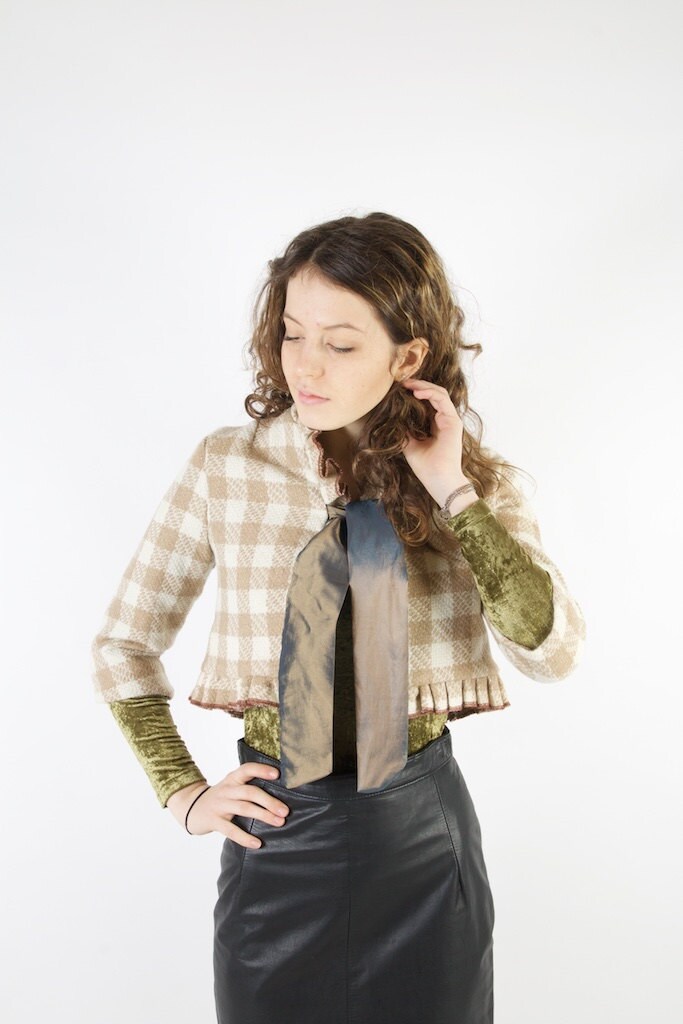 Formale Beige Kariert Damen Jacke 3/4 Ärmel Kurze Wolle Abend Blazer 60Er Jahre Stil Lady Extra Klein, Klein Größe von VintageSisBro