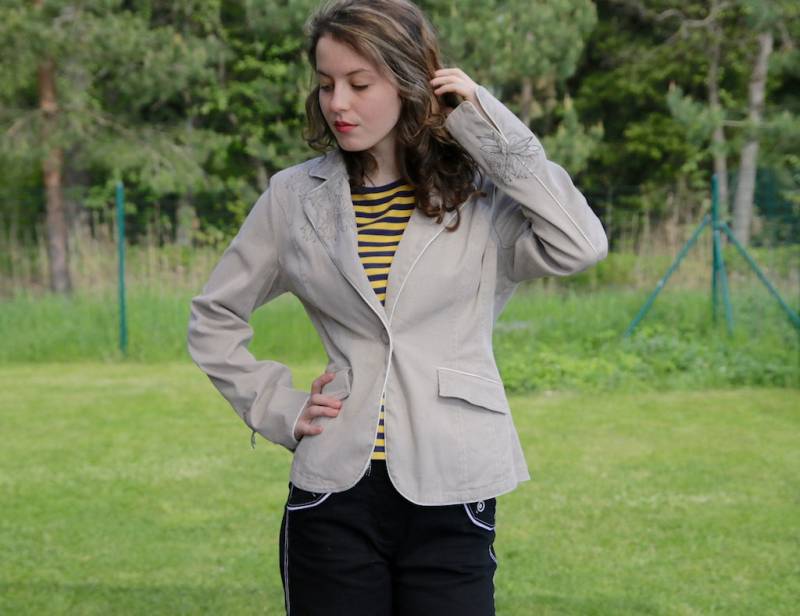 Grau Beige Denim Jacke Langarm Zuknöpfen Büro Frauen Jeans Blazer Mittlerer Größe Bestickt von VintageSisBro