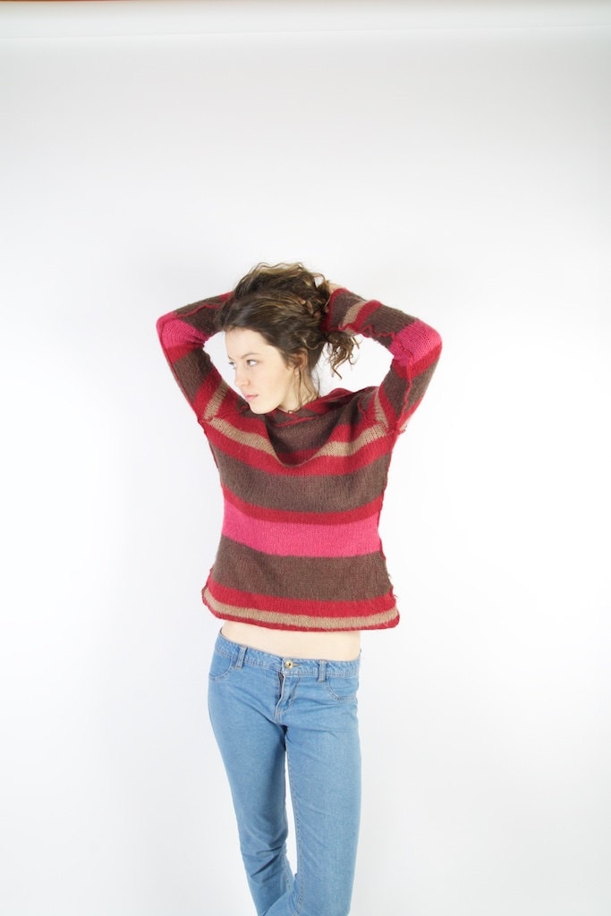 Vintage Damen Gestrickter Gestreifter Pullover Mohair Blend Gemusterter Mit Kapuzenpullover Medium Size Weicher Winterpullover von VintageSisBro