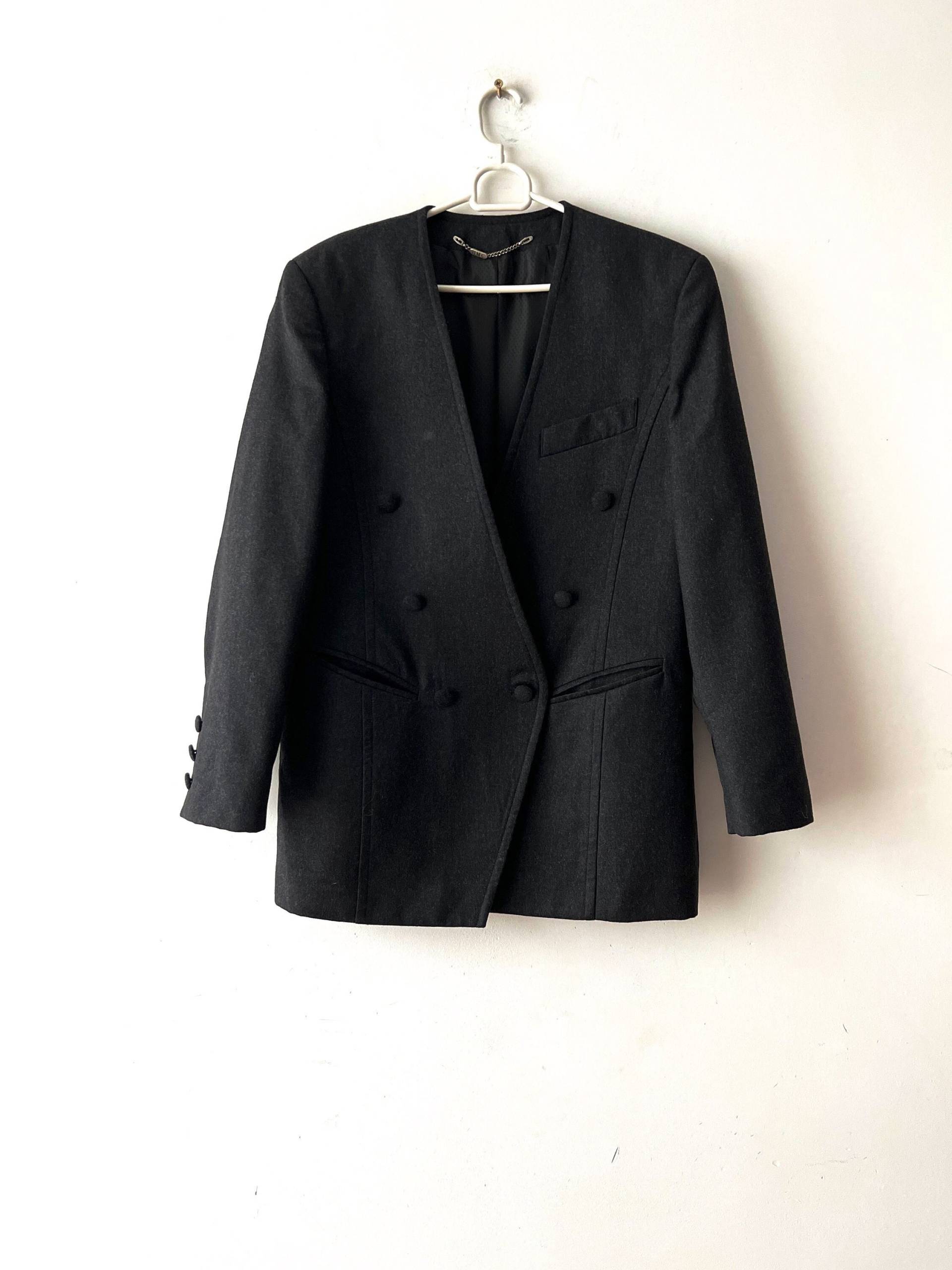 Vintage Damen Hmc Jacke Tuxedo Style Graue Wolle Businessman Lady Minimalist Lange Größe Medium von VintageSisBro