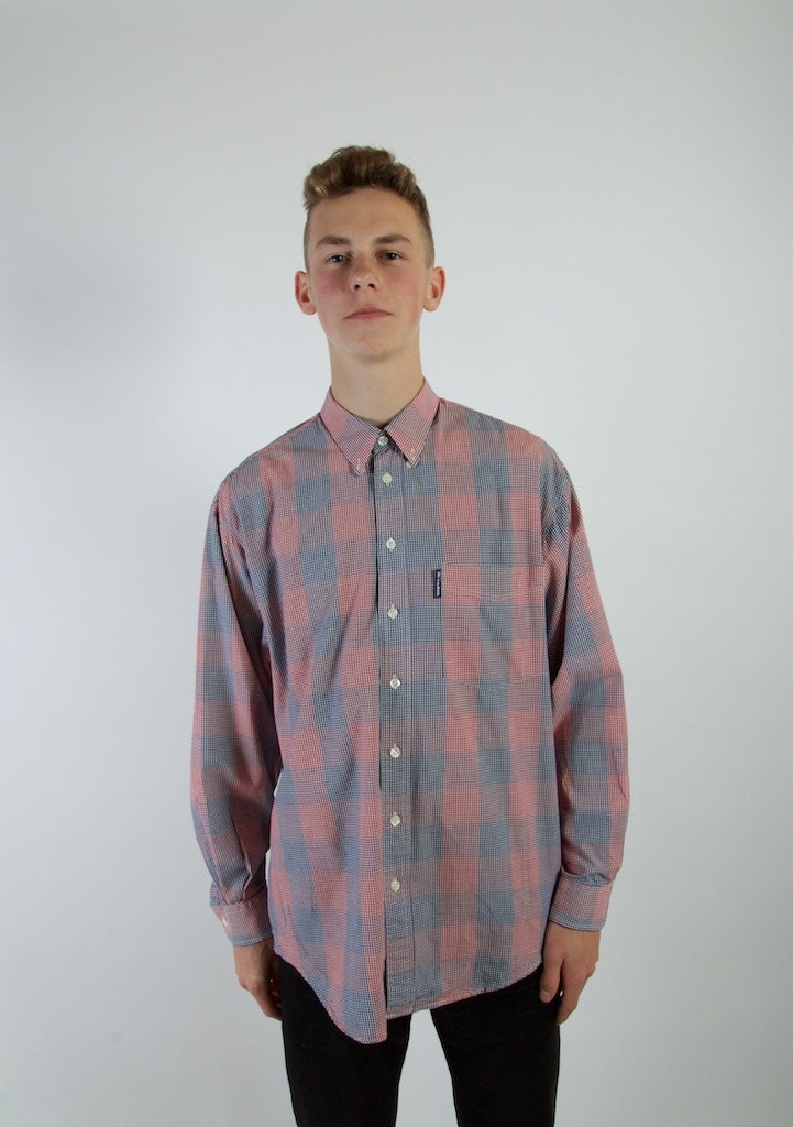 Vintage Karierten Blau Rot Herren Button Up Shirt Langarm Top Kariert Kleid Große Größe Baumwolle Student Jeden Tag von VintageSisBro