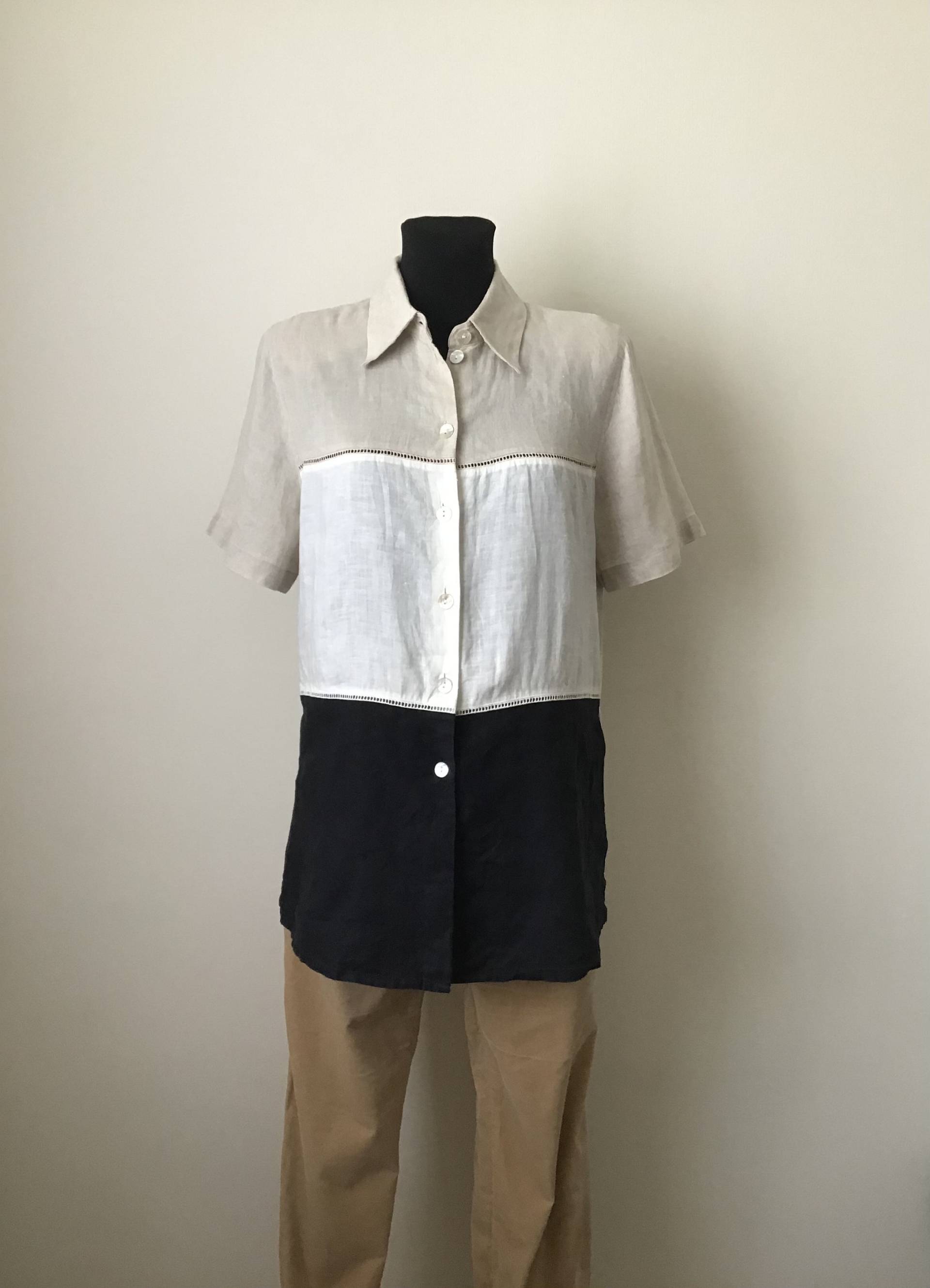 Vintage Damen Größe M Leinen Bluse Von Betty Barclay Beige Weiß Schwarz Kurzarm Sommer Top von VintageSolutionLV