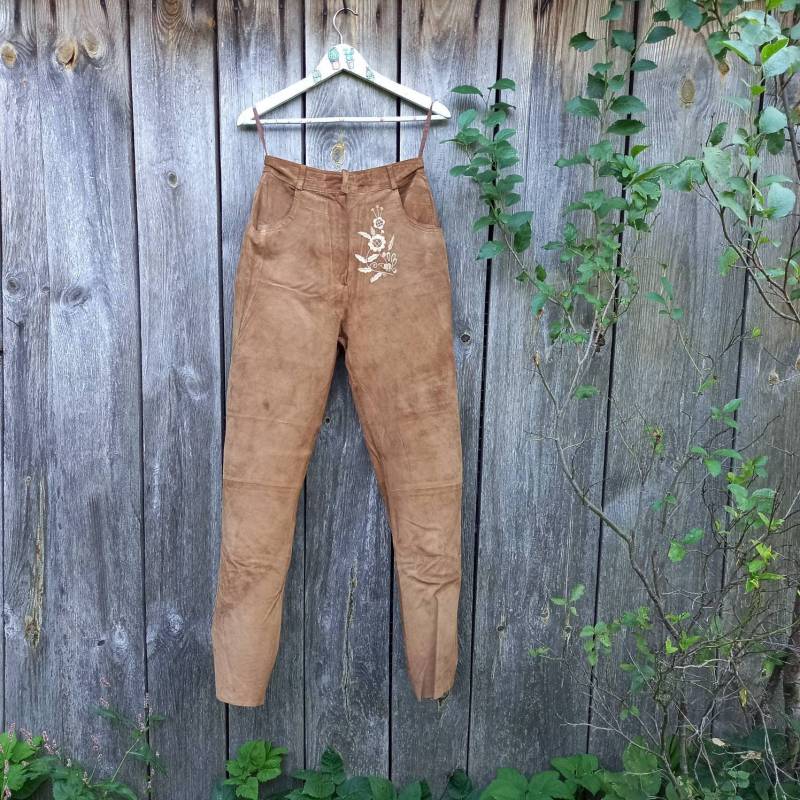 90Er Lederhose Damen 80Er Jahre Cowboy Vintage Orange Braun Bekleidung Mit Stickerei Boho Style Hippie Western High Waist Size M von VintageSpiritUA