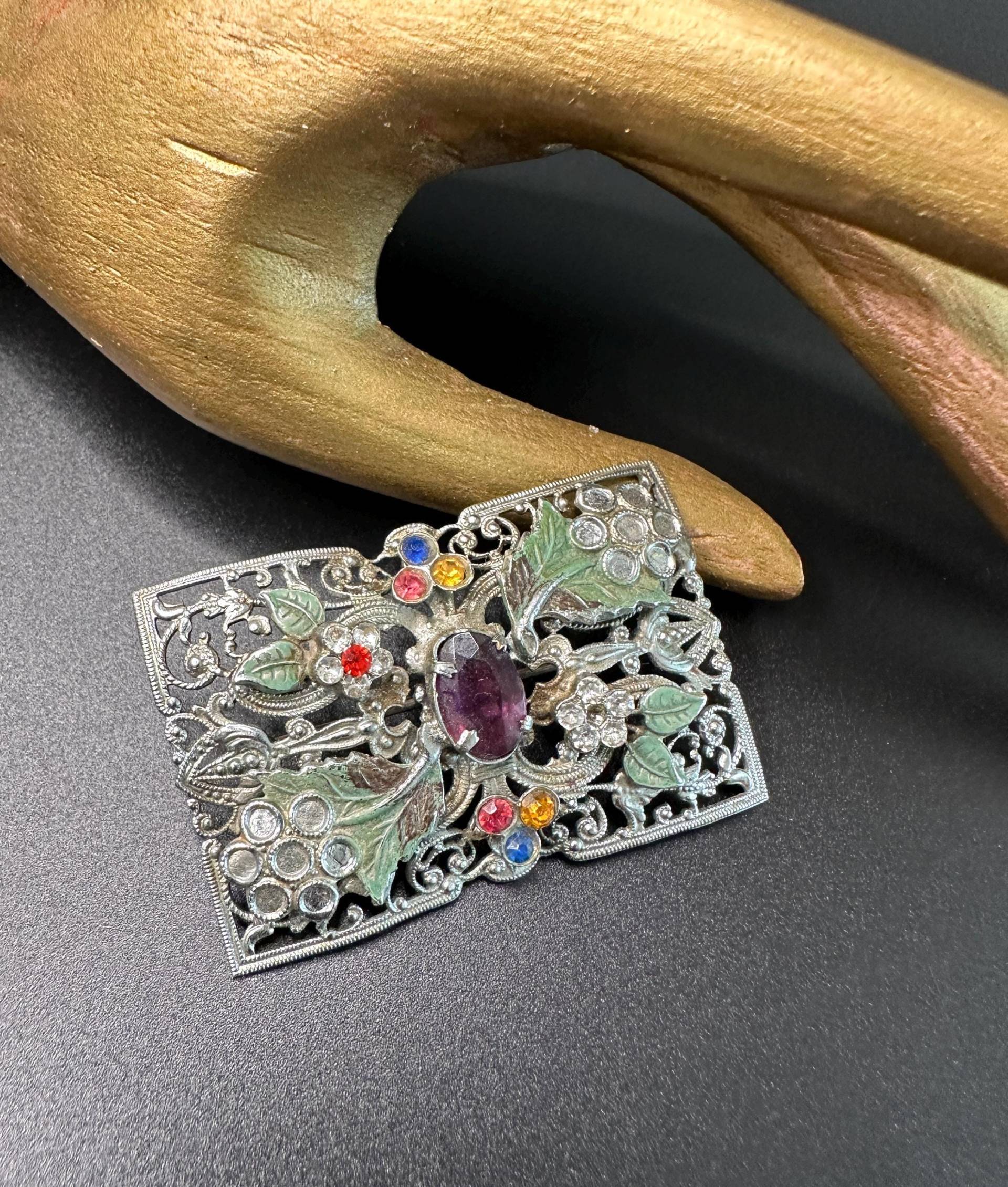 Art Deco Brosche Wundervolle Blümchen & Strass Verzierte 1930S - 1940S C Verschluss Mit Leichter Lackemaille Art Deco Brosche Wundervolle Blümchen & Strass Verzierte 1930S - 1940S C Verschluss Mit Leichter Lackemaille von VintageStarsParis